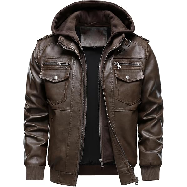 Men's Hooded PU Leather Jacket Plush and Warm Outerwear Motorcycle